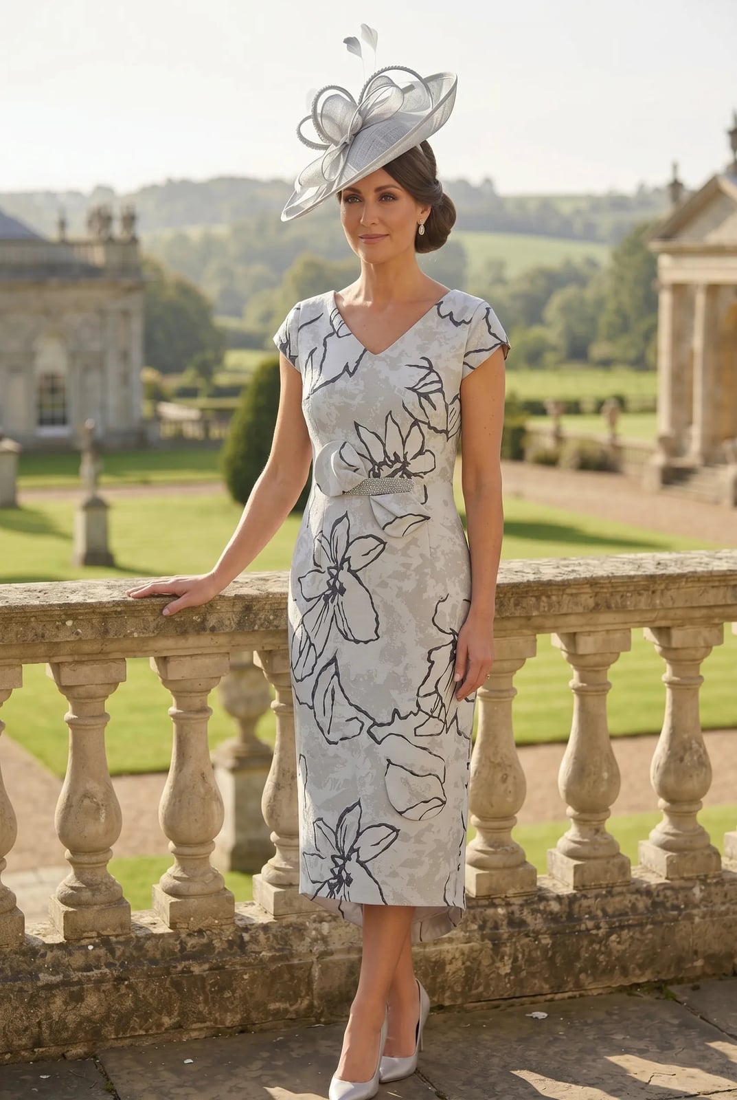 Silver Brocade Midi Dress with Black Floral Print and Applique Belt Silver Brocade Midi Dress with Black Floral Print and Applique Belt — Classy Silver Outfits