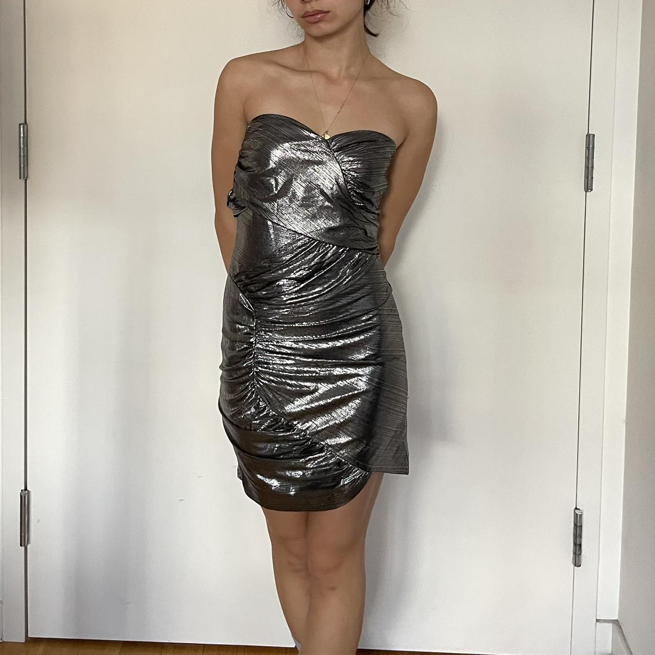 Silver Metallic Ruched Mini Dress with Asymmetrical Hem Silver Metallic Ruched Mini Dress with Asymmetrical Hem — Classy Silver Outfits