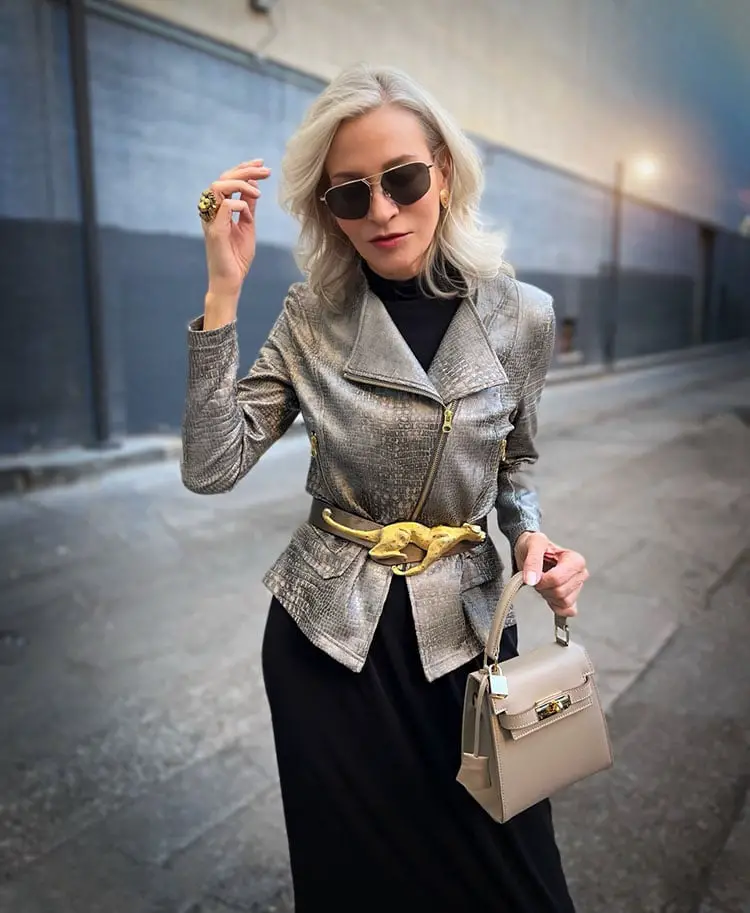 Silver Embossed Leather Jacket Over Black Dress with Leopard Belt Silver Embossed Leather Jacket Over Black Dress with Leopard Belt — Classy Silver Outfits