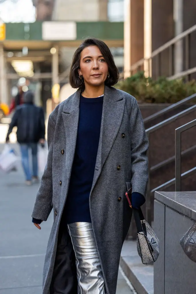 Silver Metallic Trousers with Gray Wool Coat and Navy Sweater Silver Metallic Trousers with Gray Wool Coat and Navy Sweater — Classy Silver Outfits