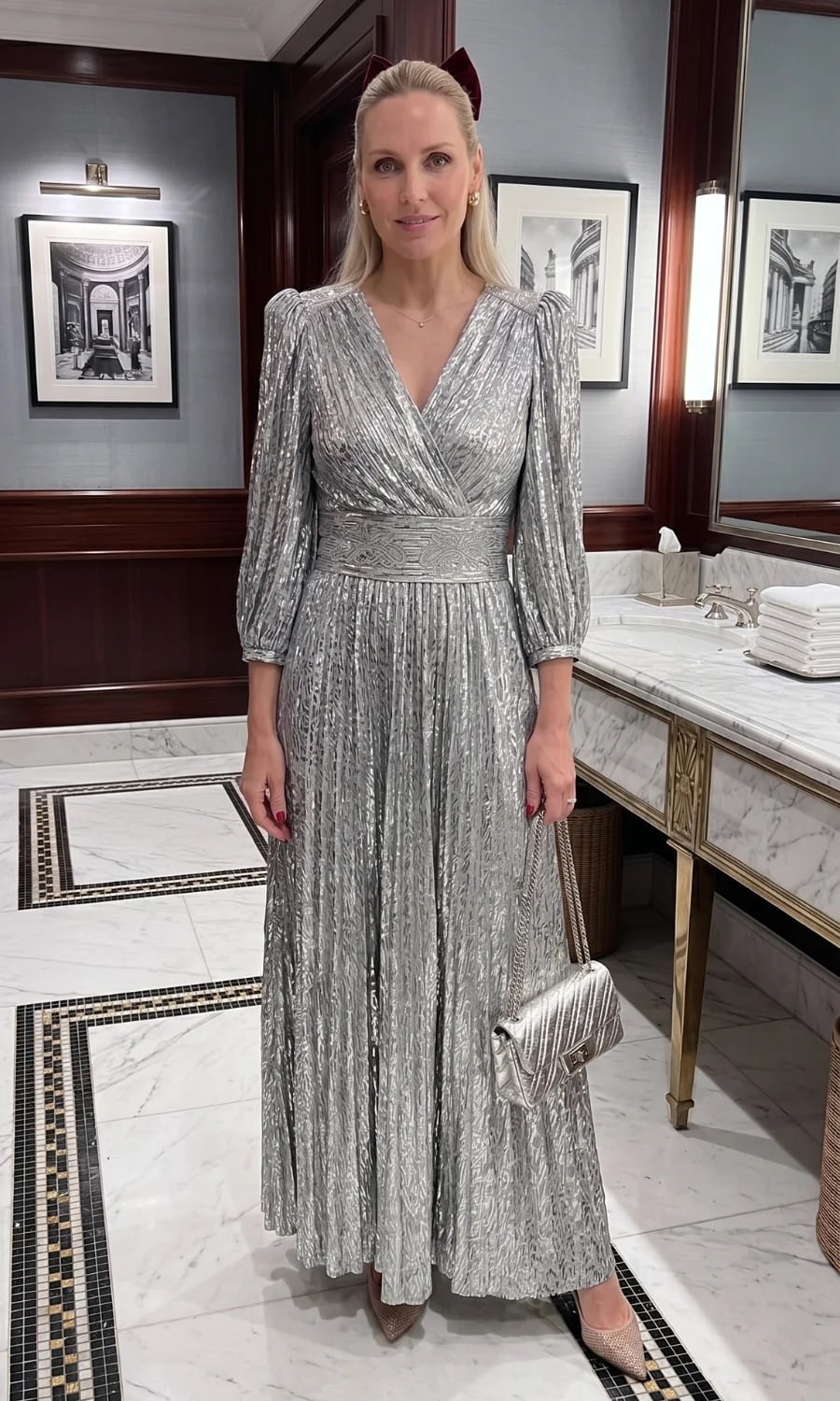 Silver Pleated Maxi Dress with Matching Belt and Heels Silver Pleated Maxi Dress with Matching Belt and Heels — Classy Silver Outfits