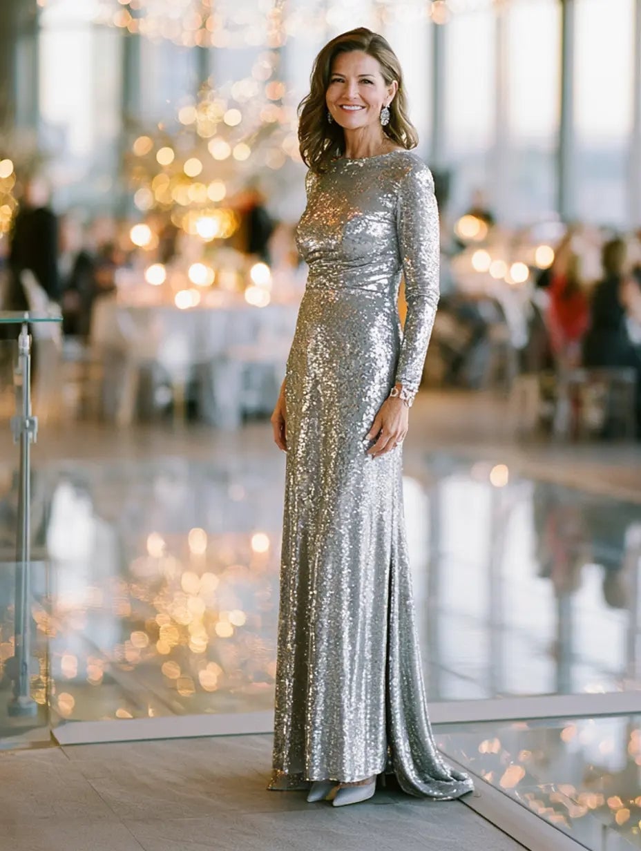 Silver Sequined Column Maxi Dress with Drop Earrings Silver Sequined Column Maxi Dress with Drop Earrings — Classy Silver Outfits