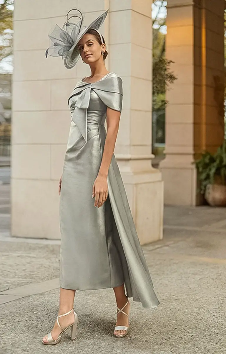 Silver Metallic Midi Dress with Off-Shoulder Bow Detail Silver Metallic Midi Dress with Off-Shoulder Bow Detail — Classy Silver Outfits