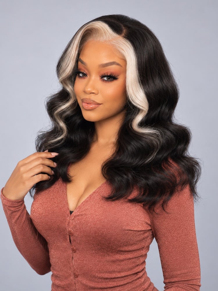 Long Layered Wavy Hair With Platinum Face-Framing Stripes Long Layered Wavy Hair With Platinum Face-Framing Stripes — Classy Skunk Stripe Hair