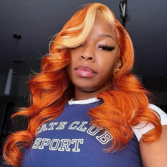 Vibrant Orange Wavy Hair With Blonde Skunk Stripes Vibrant Orange Wavy Hair With Blonde Skunk Stripes — Classy Skunk Stripe Hair