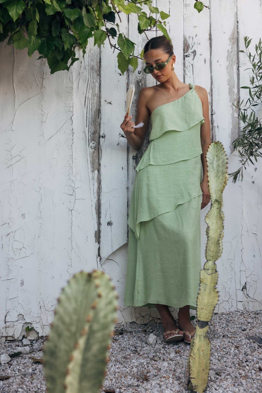 Light Green One-Shoulder Midi Dress with Ruffles — Classy Sorority Outfits