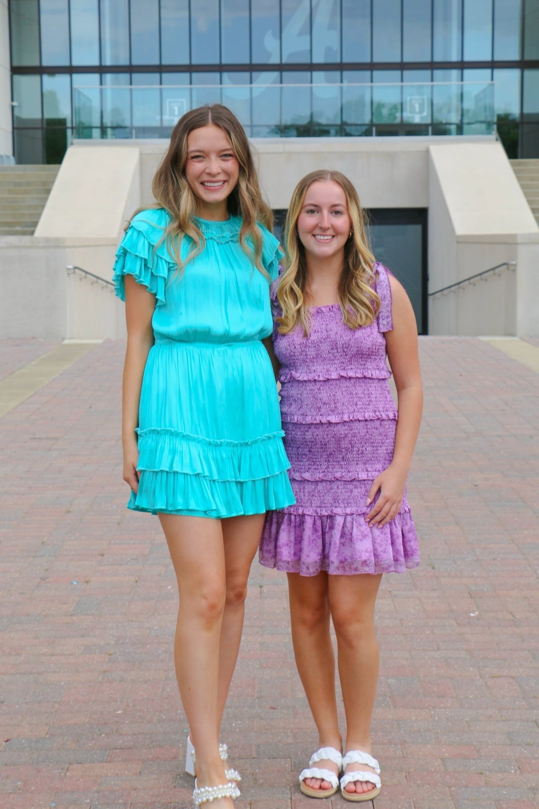 Turquoise Ruffled Tiered Dress with Pearl Sandals — Classy Sorority Outfits