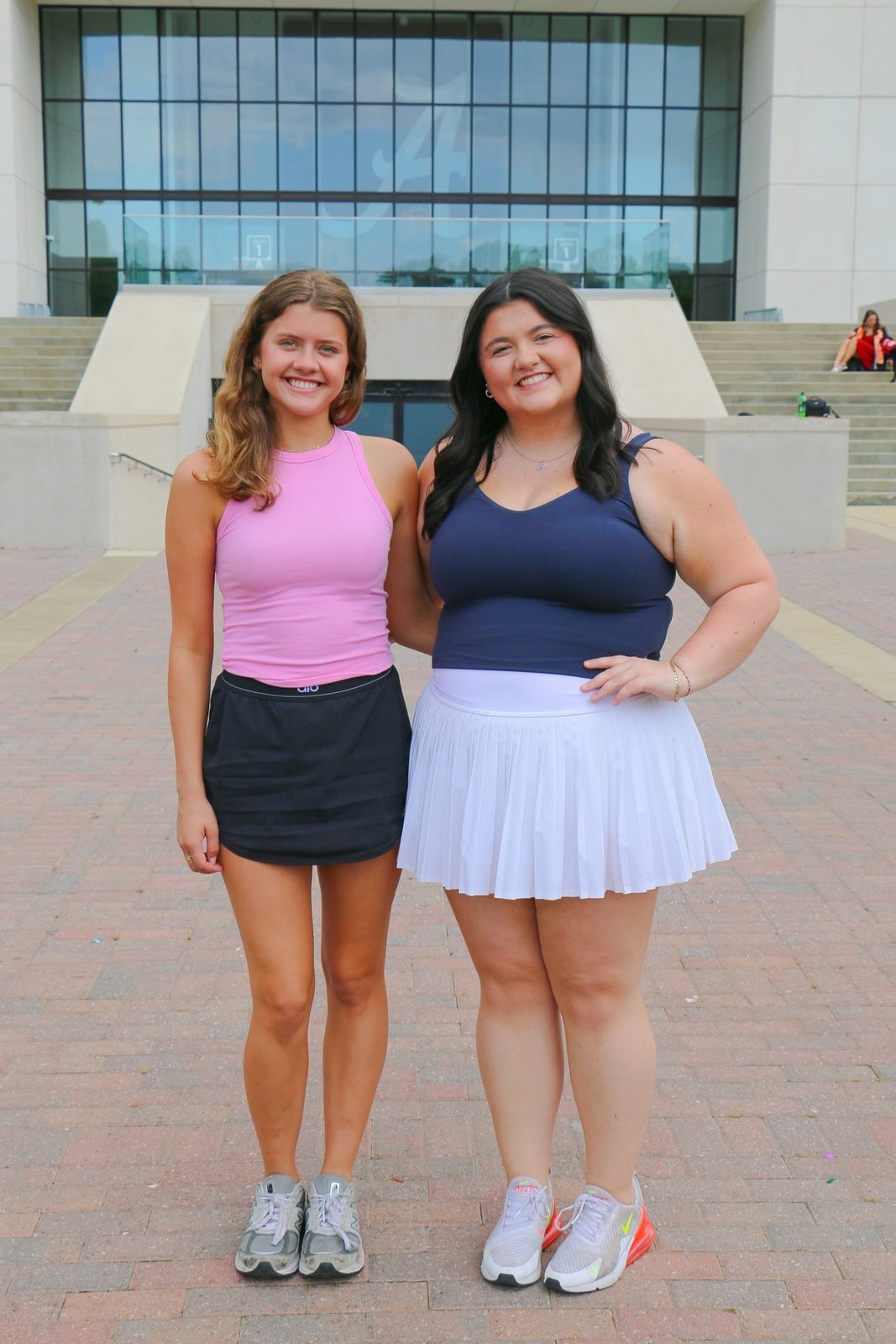 Pink Tank Top with Black A-Line Skirt and Sneakers — Classy Sorority Outfits