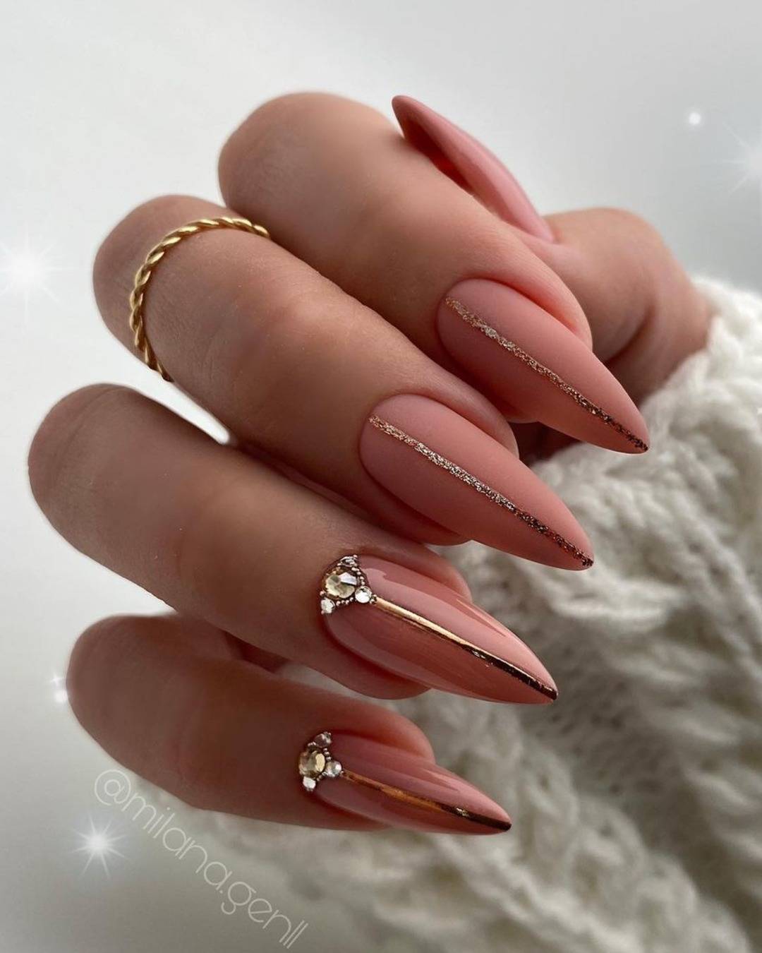 Sheer Nude Stilettos With Red French Tip And Rhinestones Sheer Nude Stilettos With Red French Tip And Rhinestones — Classy Stiletto Nails