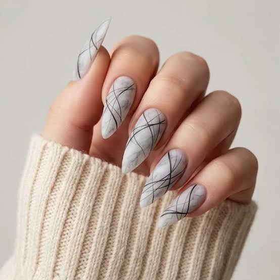 Gray White Marble Stilettos With Matte Finish Gray White Marble Stilettos With Matte Finish — Classy Stiletto Nails