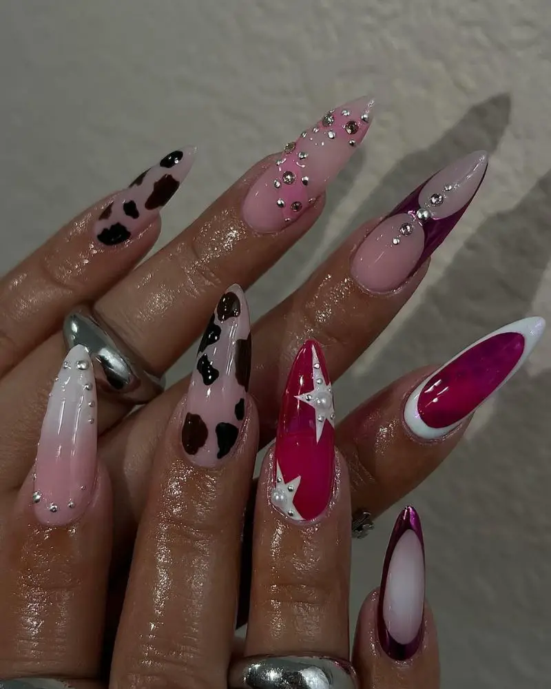 Mixed Design Stilettos With Cow Print And Gradient Mixed Design Stilettos With Cow Print And Gradient — Classy Stiletto Nails