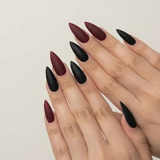 Matte Burgundy And Black Stilettos Matte Burgundy And Black Stilettos — Classy Stiletto Nails