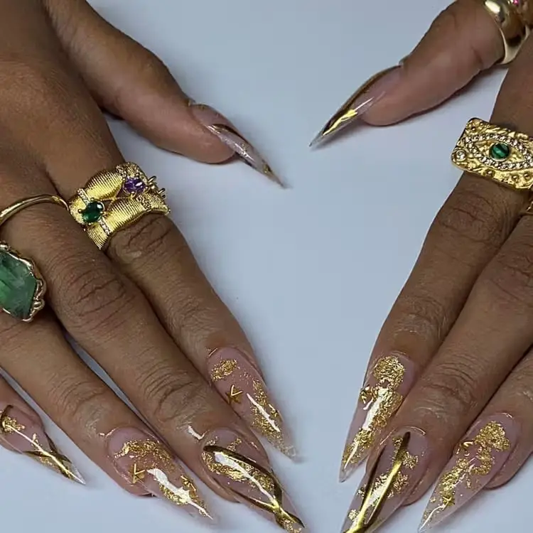 Extra-Long Stilettos With Gold Foil Fragments Extra-Long Stilettos With Gold Foil Fragments — Classy Stiletto Nails