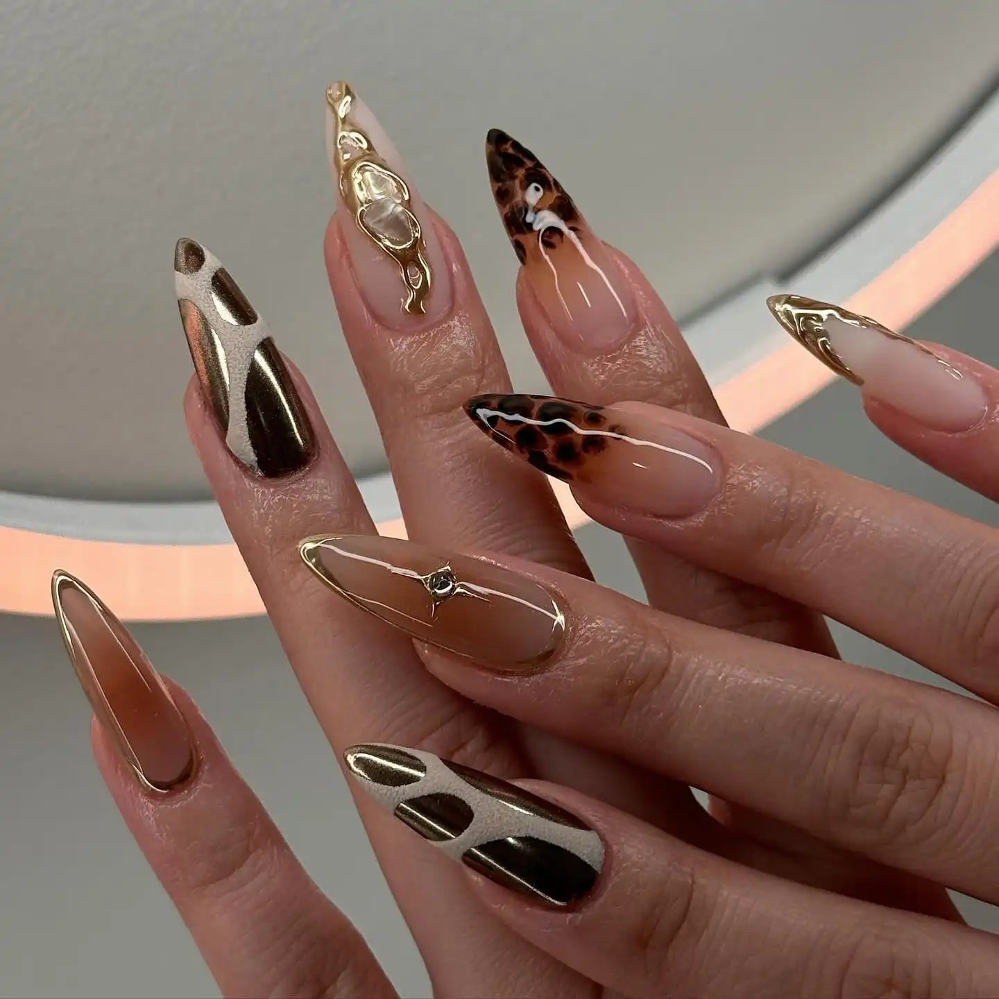 Nude Stilettos With Gold Accents And Animal Print Nude Stilettos With Gold Accents And Animal Print — Classy Stiletto Nails