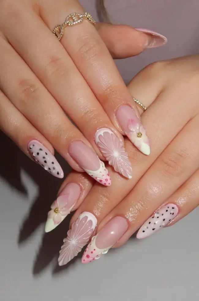 Nude Stilettos With 3D Flowers And Polka Dots Nude Stilettos With 3D Flowers And Polka Dots — Classy Stiletto Nails
