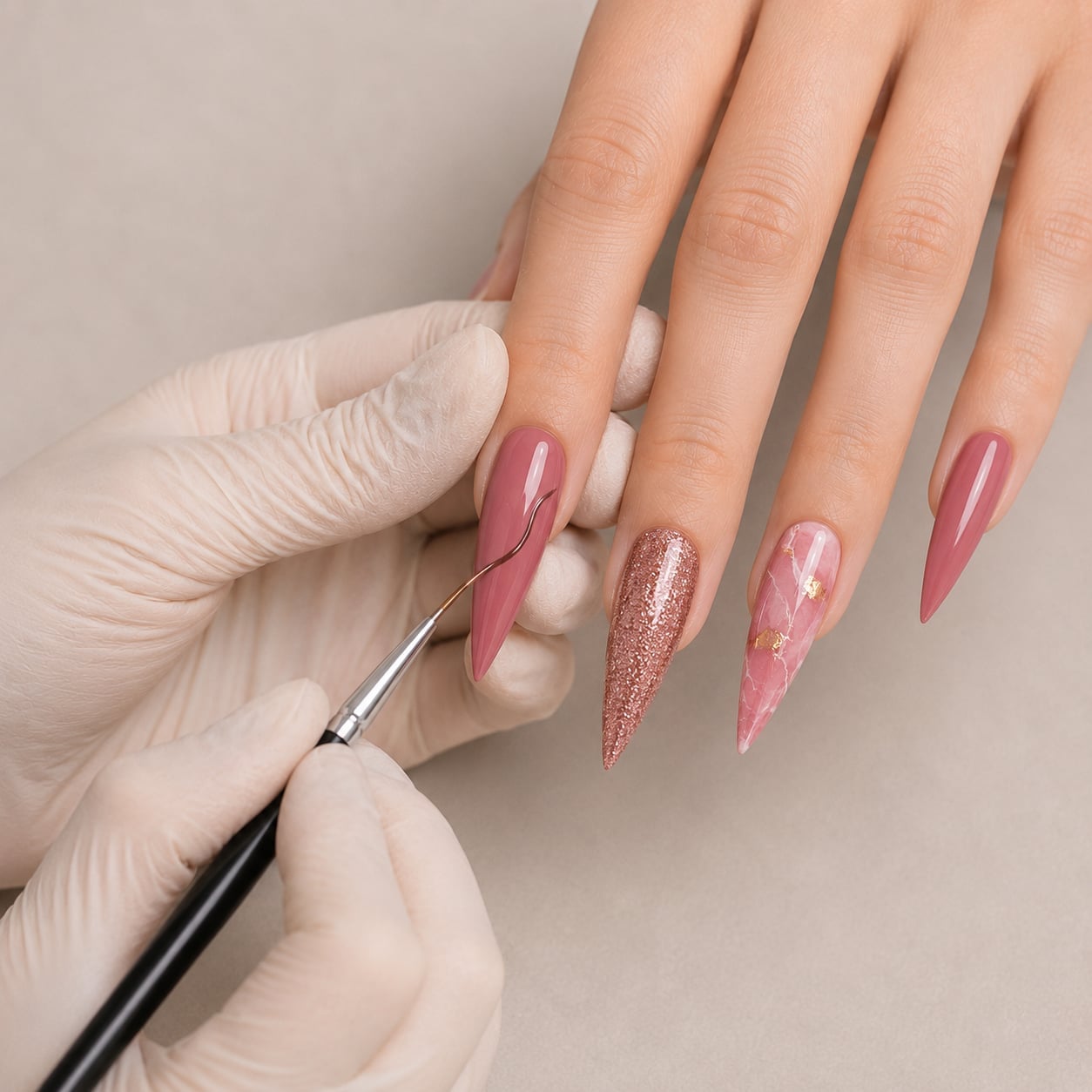 Dusty Rose Stilettos With Rose Gold Glitter And Marble Dusty Rose Stilettos With Rose Gold Glitter And Marble — Classy Stiletto Nails