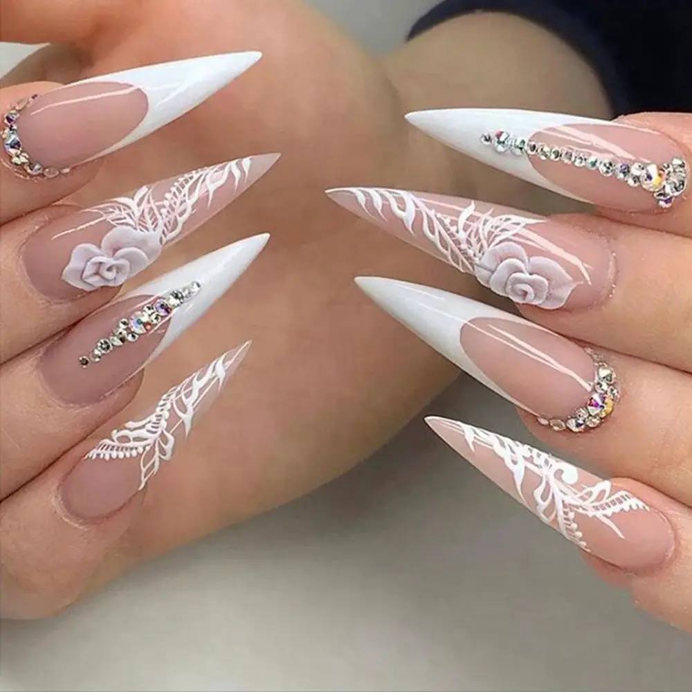 Pink Stilettos With White French Tips And 3D Flowers, Glossy Pink Stilettos With White French Tips And 3D Flowers, Glossy — Classy Stiletto Nails