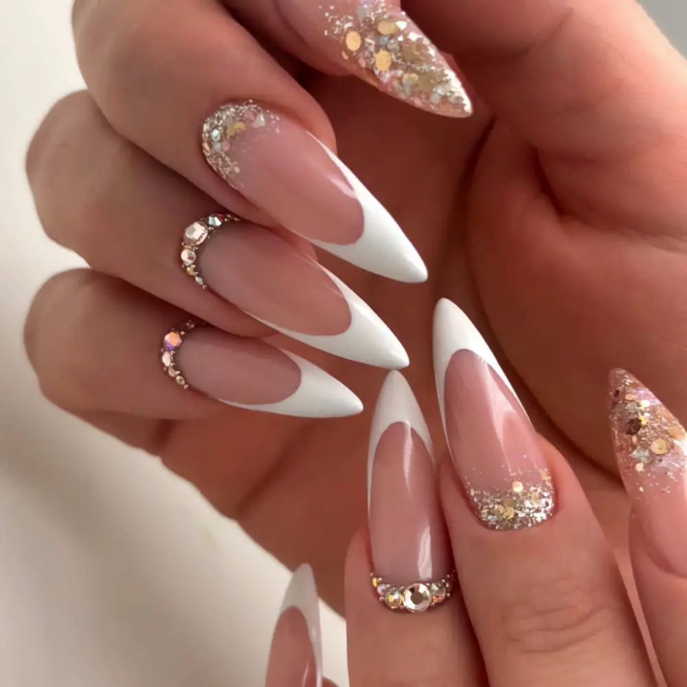 Nude French Stilettos With Silver Gold Glitter Ombre Nude French Stilettos With Silver Gold Glitter Ombre — Classy Stiletto Nails
