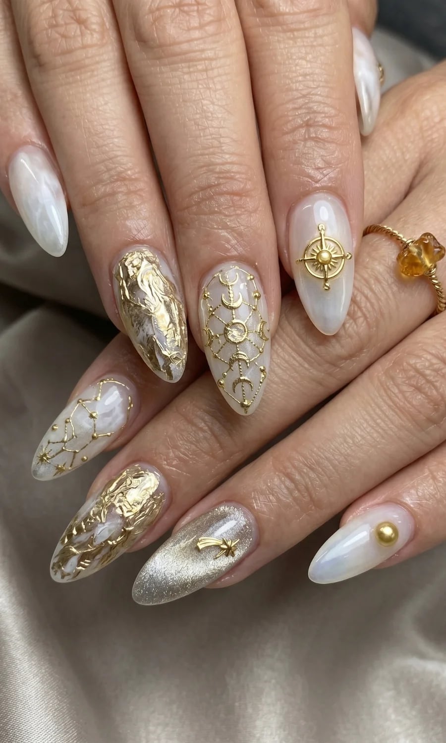 Nude Stilettos With Blue Floral Art Nude Stilettos With Blue Floral Art — Classy Stiletto Nails