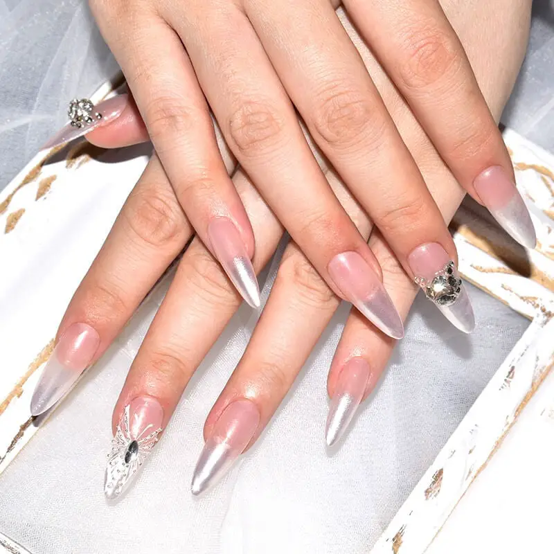 Pearlescent Stilettos With 3D Silver Spider Pearlescent Stilettos With 3D Silver Spider — Classy Stiletto Nails