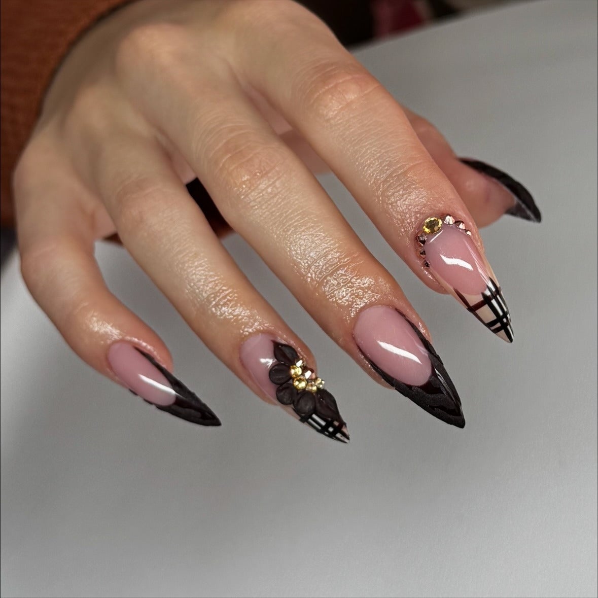 Pink Stilettos With Black French Tips And 3D Flower Pink Stilettos With Black French Tips And 3D Flower — Classy Stiletto Nails