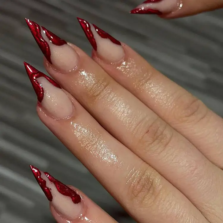Extra-Long Stilettos With Metallic Red French Tips Extra-Long Stilettos With Metallic Red French Tips — Classy Stiletto Nails