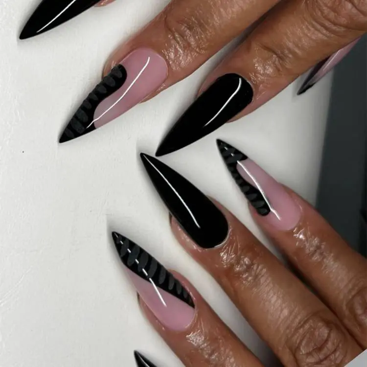 Sheer Pink Stilettos With Black Abstract Lines Sheer Pink Stilettos With Black Abstract Lines — Classy Stiletto Nails
