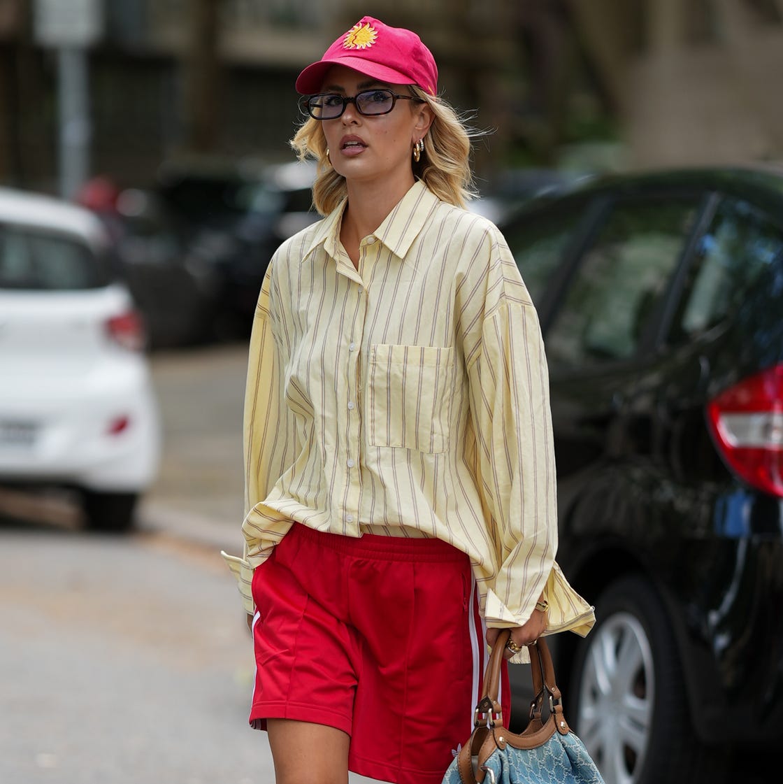 Oversized Striped Shirt with Red Sporty Shorts Oversized Striped Shirt with Red Sporty Shorts — Classy Streetwear Outfits