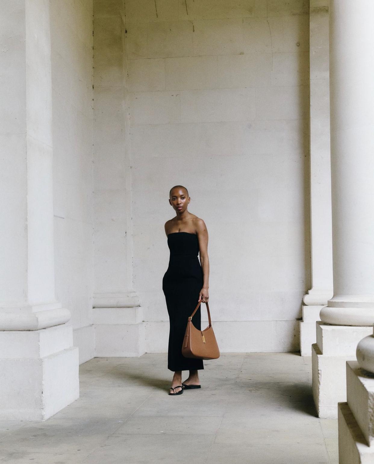 Black Strapless Column Dress with Flat Sandals — Classy Styling Dress