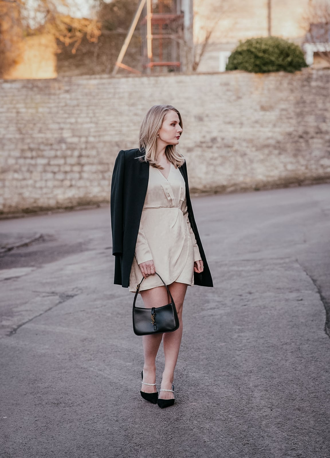Beige Mini Wrap Dress with Oversized Blazer — Classy Styling Dress