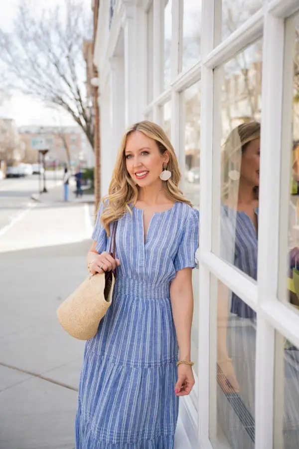 Blue and White Striped Midi Dress with Straw Bag — Classy Styling Dress