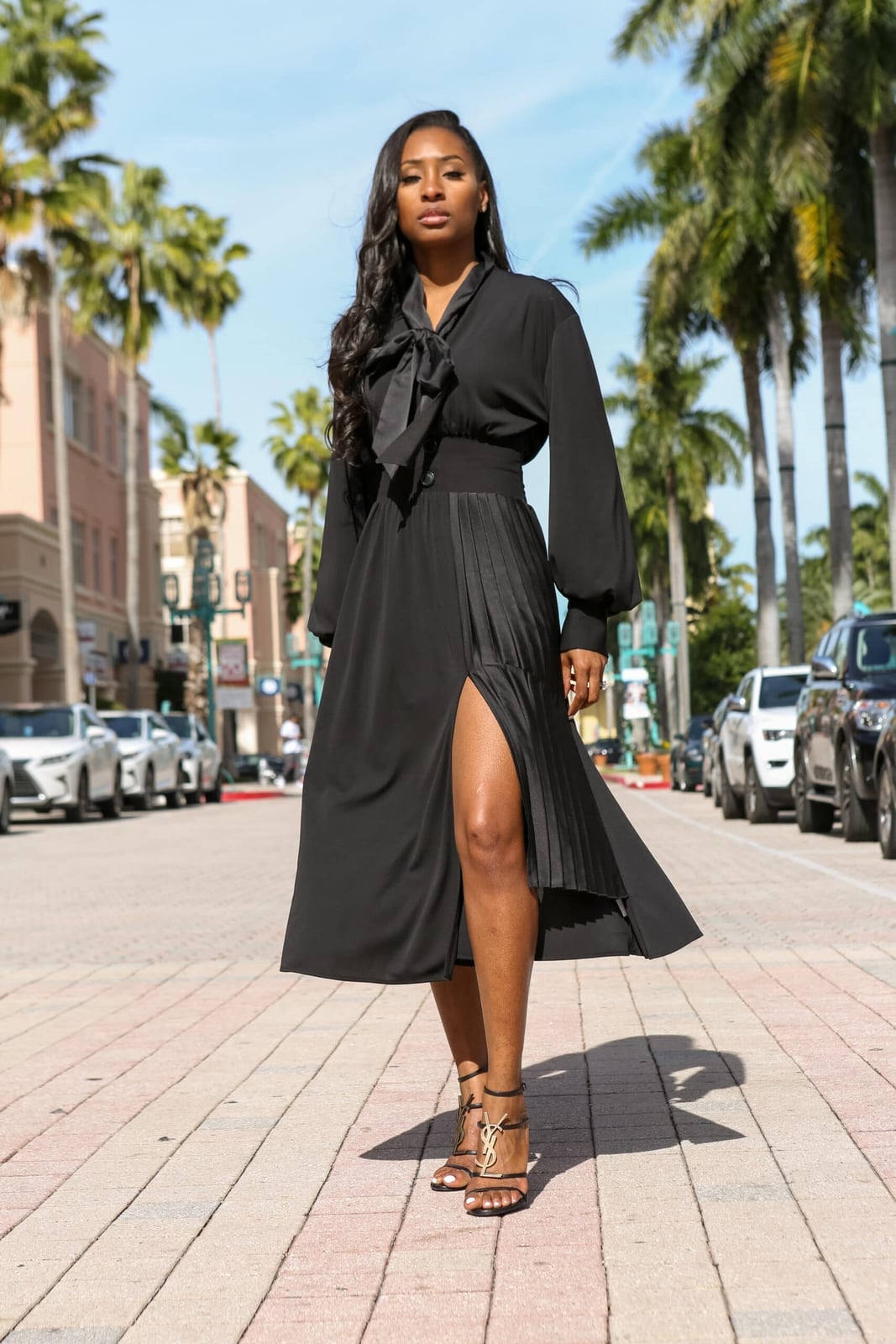 Black Long Sleeve Midi Dress with Tie Neck and High Slit — Classy Styling Dress