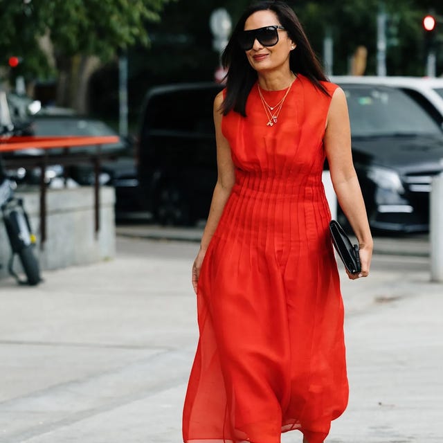 Red Sheer Chiffon Pleated Midi Dress, Close-Up Take — Classy Styling Dress