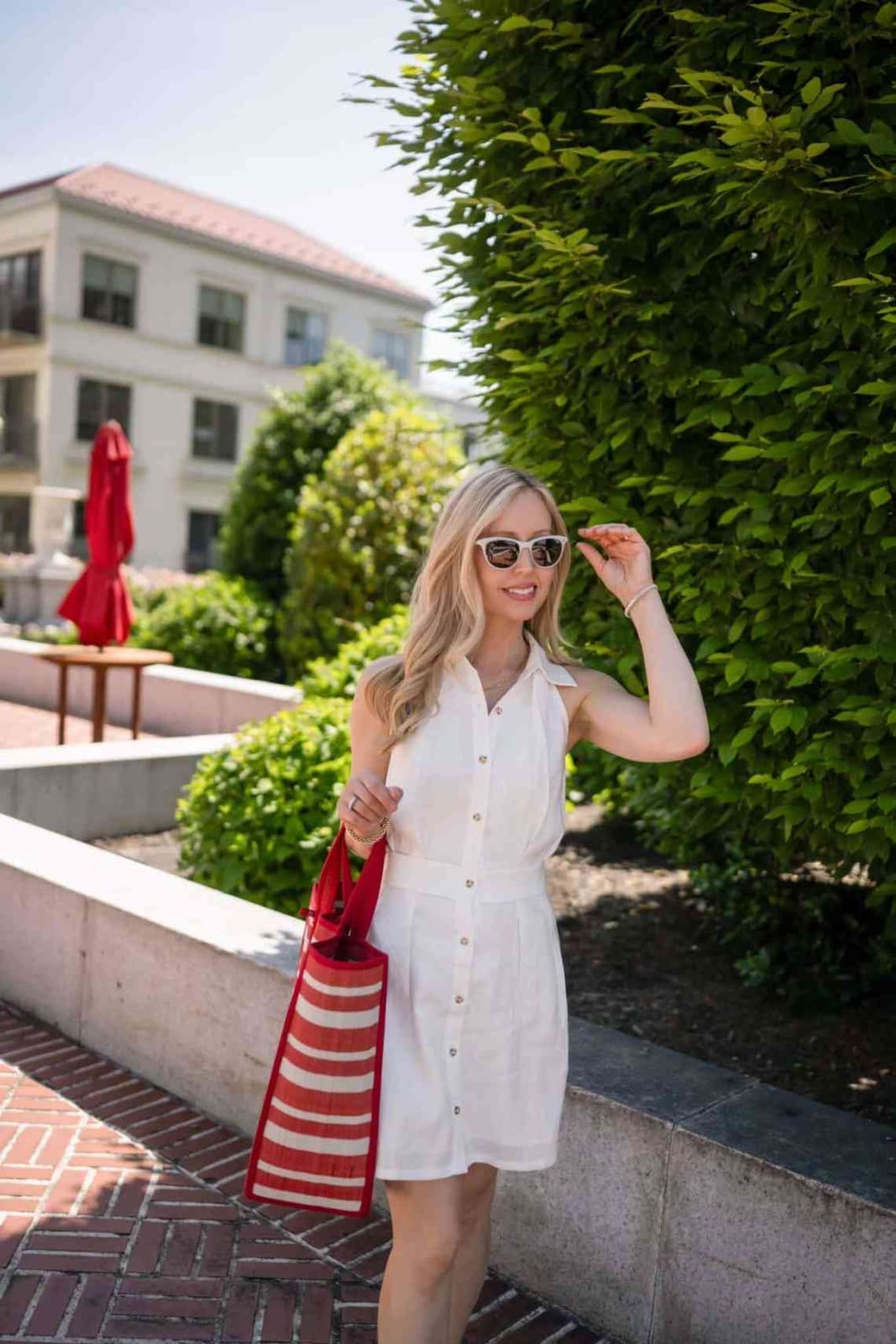 White Linen Shirt Dress with Striped Tote Bag and Nude Flat Sandals — Classy Styling Dress