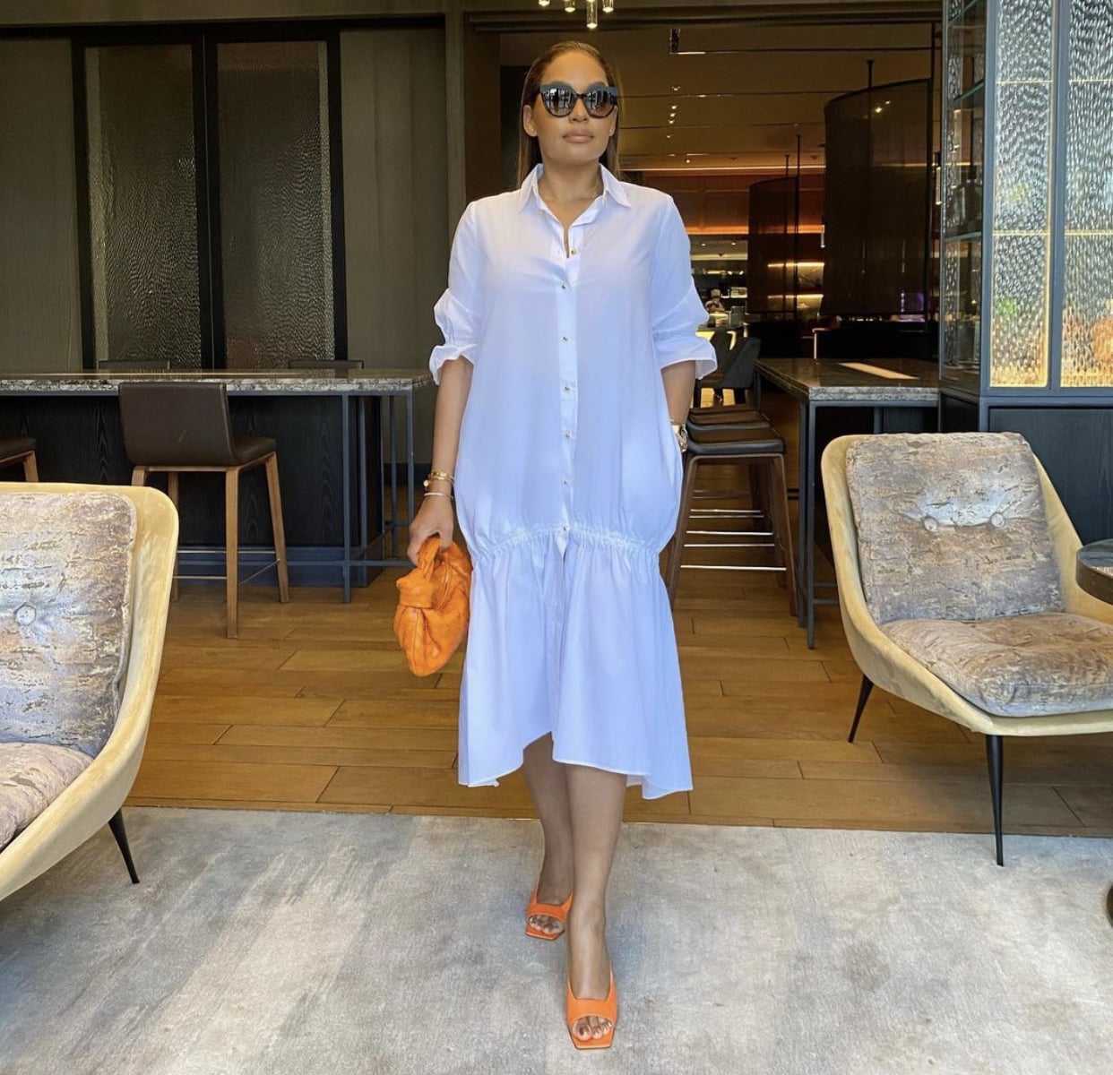 White Oversized Shirt Dress with Orange Heels — Classy Styling Dress