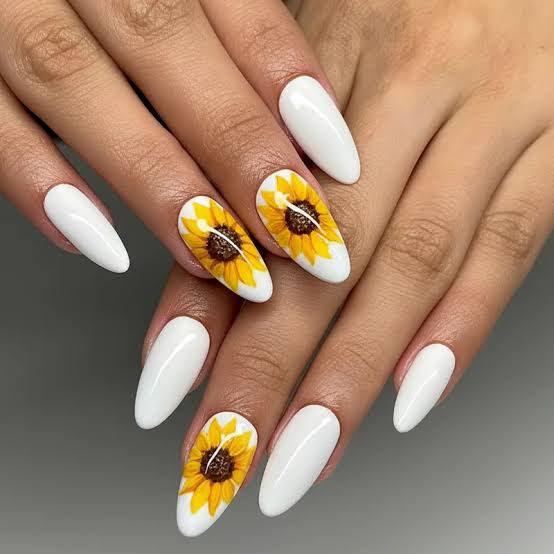 Bold White With Vibrant Sunflower Accents Bold White With Vibrant Sunflower Accents — Classy Sunflower Nails