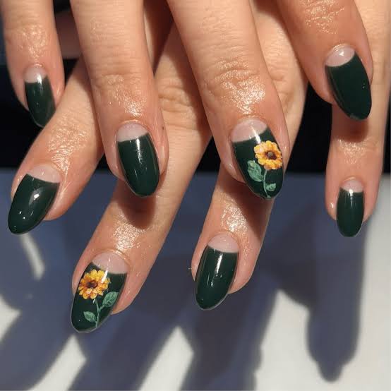 Medium Oval Dark Green With Nude Tips And Sunflowers Medium Oval Dark Green With Nude Tips And Sunflowers — Classy Sunflower Nails