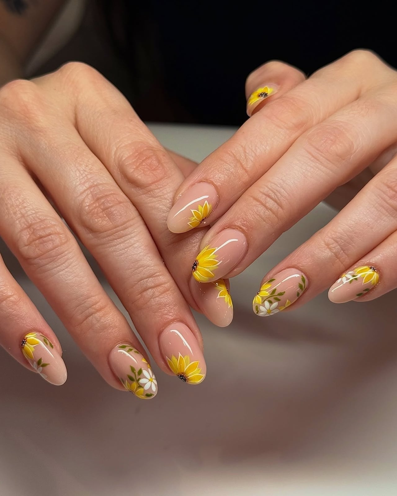 Medium Oval Nude Base With Mixed Florals Medium Oval Nude Base With Mixed Florals — Classy Sunflower Nails