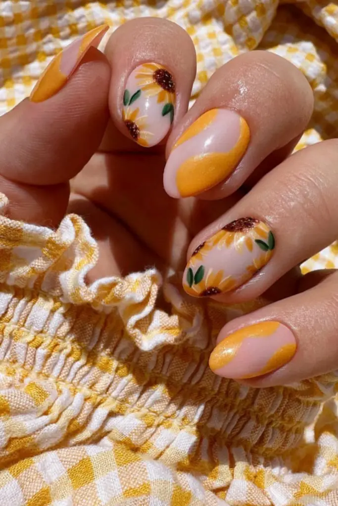Medium Oval Nude With Sunflowers And Orange French Tips, овал Medium Oval Nude With Sunflowers And Orange French Tips, овал — Classy Sunflower Nails