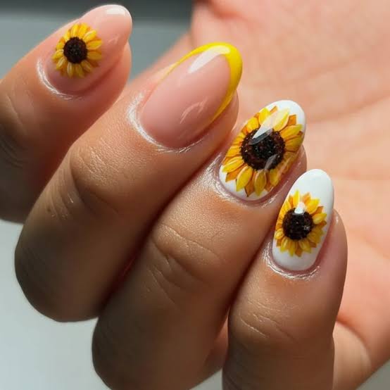 Medium Almond Realistic Sunflowers With Yellow French Tip Medium Almond Realistic Sunflowers With Yellow French Tip — Classy Sunflower Nails