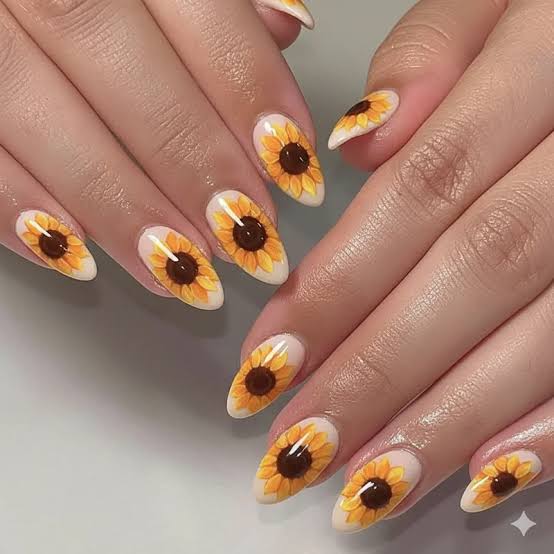 Medium Almond Nude With Detailed Sunflowers Medium Almond Nude With Detailed Sunflowers — Classy Sunflower Nails
