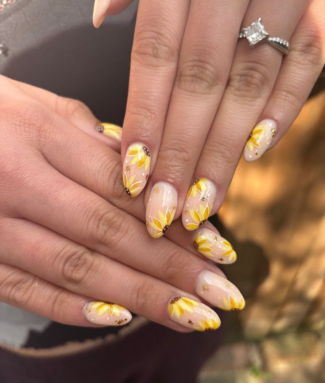 Medium Almond Nude With Sunflowers And Gold Flakes Medium Almond Nude With Sunflowers And Gold Flakes — Classy Sunflower Nails