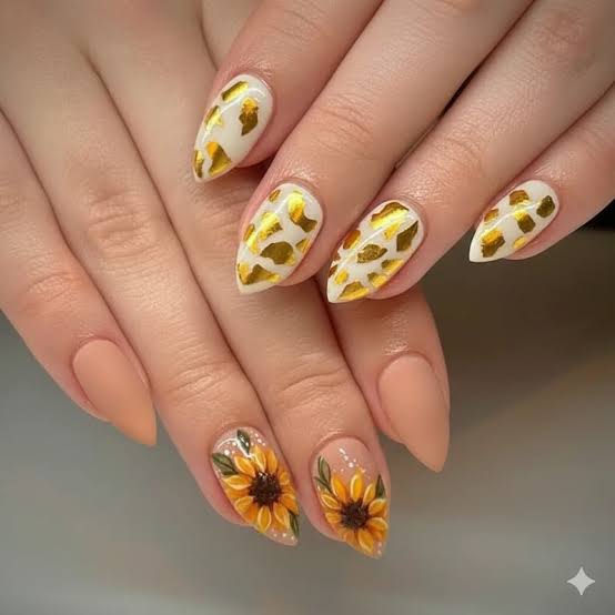 Medium Almond Matte Peach With Sunflower Accents Medium Almond Matte Peach With Sunflower Accents — Classy Sunflower Nails