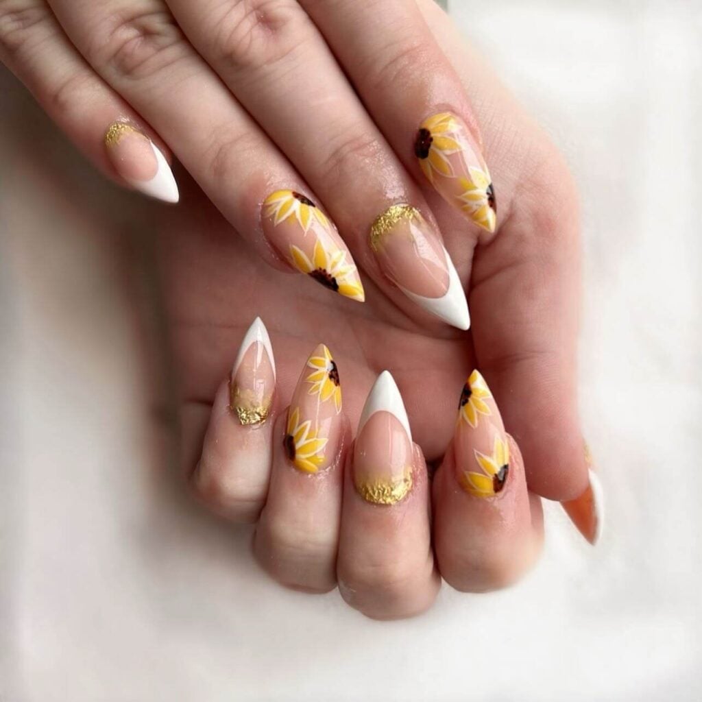 Long Stiletto French With Sunflower And Gold Foil Long Stiletto French With Sunflower And Gold Foil — Classy Sunflower Nails