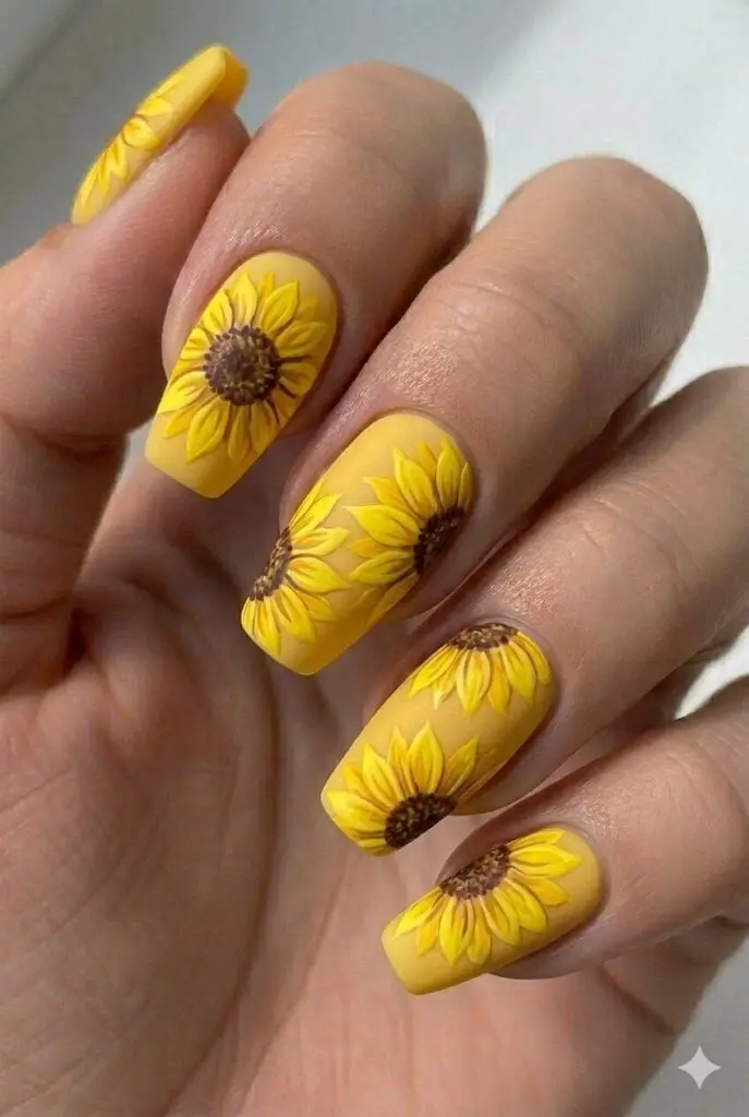 Short Almond Matte Yellow With 3D Sunflowers Short Almond Matte Yellow With 3D Sunflowers — Classy Sunflower Nails