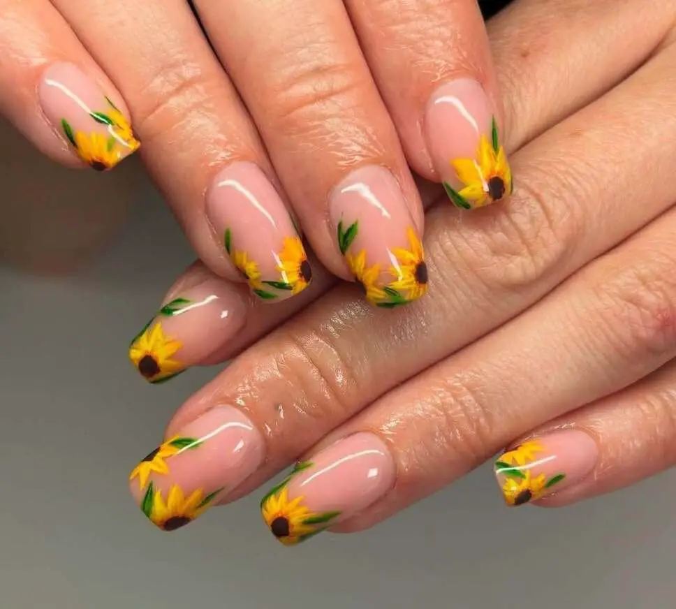 Short Almond French Tips With Sunflower Art Short Almond French Tips With Sunflower Art — Classy Sunflower Nails