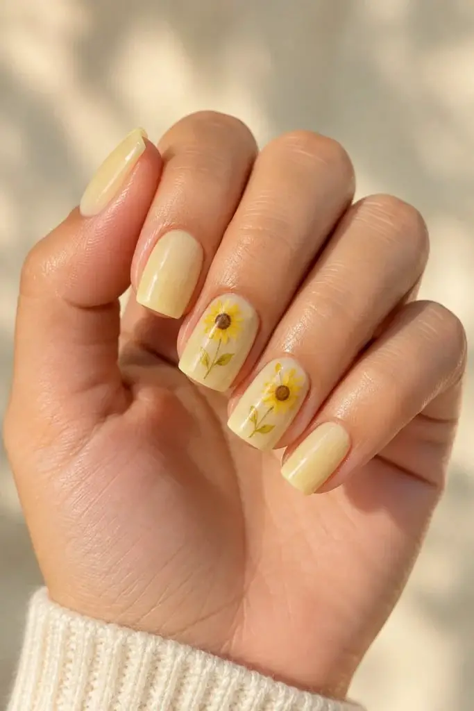 Short Square Pale Yellow With Mini Sunflowers Short Square Pale Yellow With Mini Sunflowers — Classy Sunflower Nails