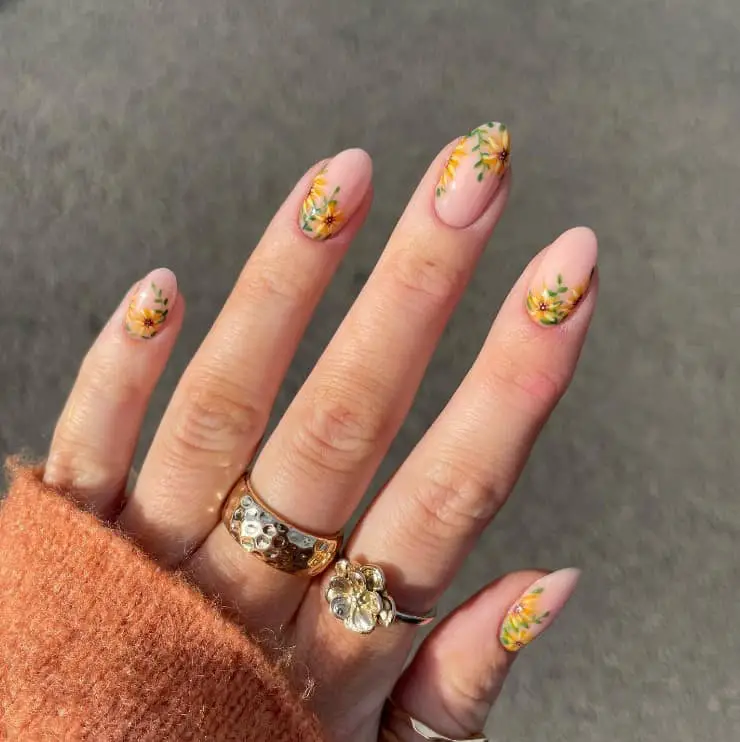 Medium Almond Soft Pink With Scattered Sunflowers Medium Almond Soft Pink With Scattered Sunflowers — Classy Sunflower Nails