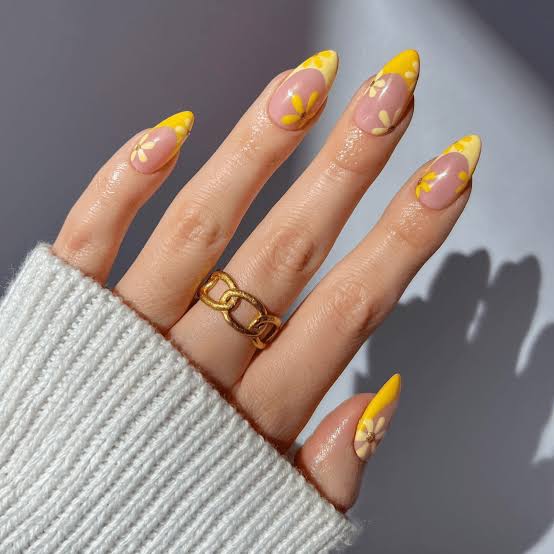 Medium Almond Yellow French Tips With Floral Accents Medium Almond Yellow French Tips With Floral Accents — Classy Sunflower Nails