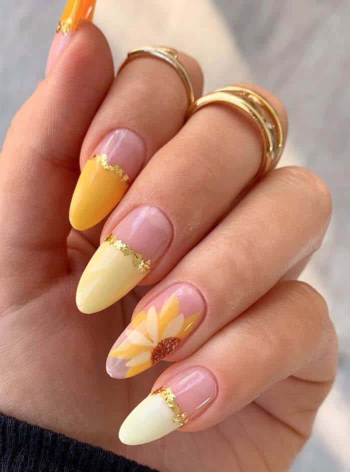 Medium Almond Sheer Pink With Sunflower Accent Medium Almond Sheer Pink With Sunflower Accent — Classy Sunflower Nails
